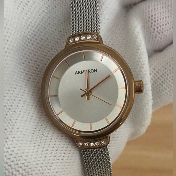 Armitron Accessories - Armitron Ladies Rose Gold Case Watch Silver Mesh Strap Stone Accents Adjustable
